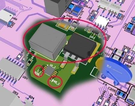 Dettaglio dell'area con componenti di potenza e componenti passivi 0201
